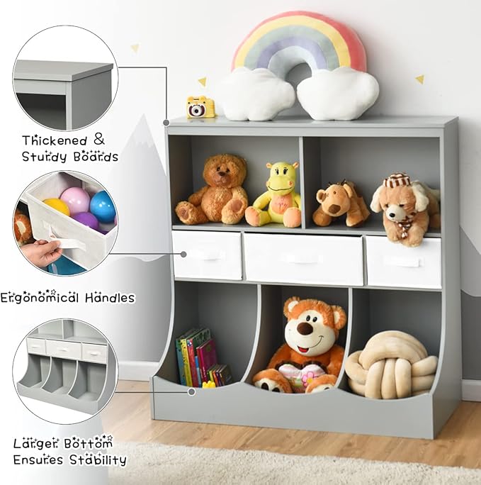 HONEY JOY Kids Toy Storage Organizer with Bookcase, 8-Cubby Organization Storage Cabinet w/Display Shelf & 3 Removable Fabric Bins, Wooden Toy Storage Unit for Playroom, Nursery Daycare(Gray)