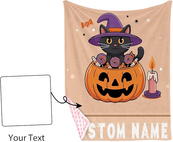Personalized Halloween Blanket for Girls, Custom Baby Blanket with Name, Cat Pumpkin Theme Soft Minky Dot Blanket, Halloween Decor Christmas Birthday Gifts for Kids Toddlers