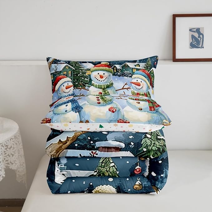 jejeloiu Kids Snowman Comforter Set Full Size Countryside Christmas Theme Bedding Set for Boys Girls Teens Xmas Tree Snowflake Winter Happy New Year Duvet Quilt Room Decor