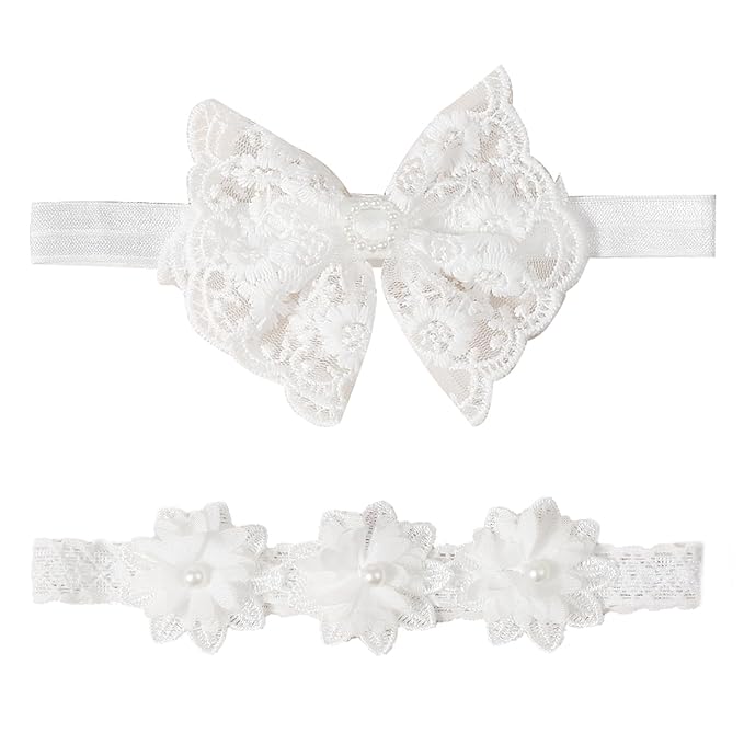 2 Pack 18-20in Elegant White Flower Christening Headbands for Baby Girl, Elastic Soft Lace with Cute Tulle Pearl Hair Strap (White flowers)