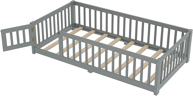 Bellemave Twin Size Floor Bed Frame with Fence and Door for Kids, Montessori Floor Bed with Slats and Safety Guardrails,Solid Wood Twin Bed Frame for Girls Boys,Grey