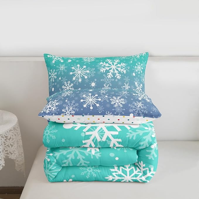 Feelyou Winter Snowflake Kids Comforter Set King Size Christmas Bedding Set Winter Holiday Duvet Quilt for Kids Boys Girls Bedroom New Year Decor Microfiber Ultra Soft Breathable