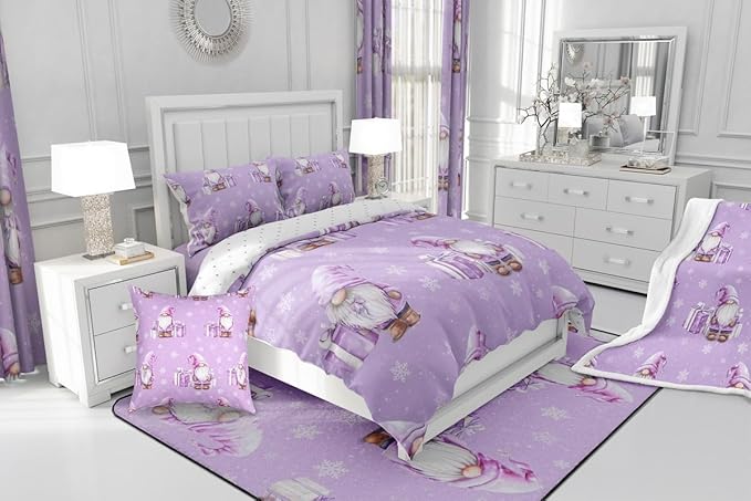 Feelyou Purple Christmas Kids Comforter Set Twin Size Scandinavian Christmas Santa Gnomes Bedding Set Xmas Snowflake Duvet Quilt for Kids Boys Girls Bedroom Decor Ultra Soft Breathable