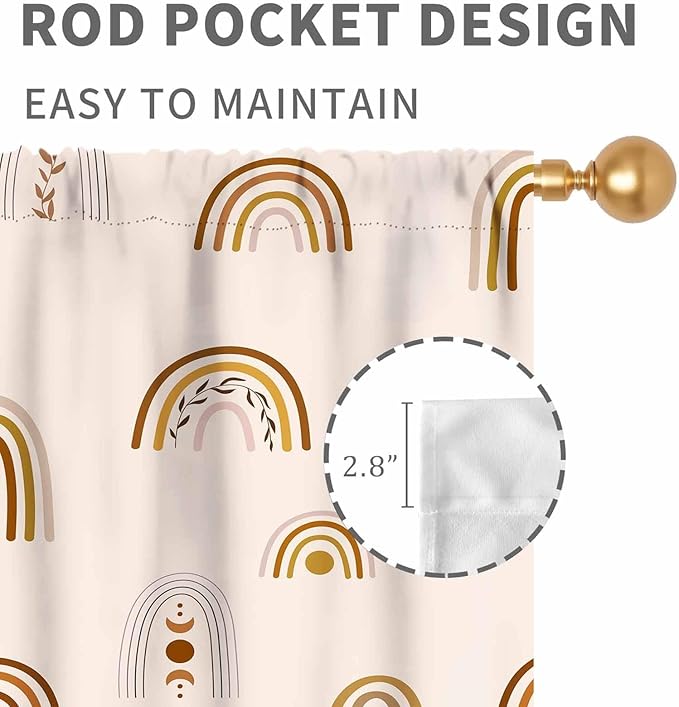 Rainbow Curtains, Boho Pastel Cute Cartoon Aesthetic Art Printed Beige Blackout Decorative Drapery for Kids Girls Baby Bedroom Living Room Classroom Nusery Bathroom Windows 2 Panels, 42"x54" Inch