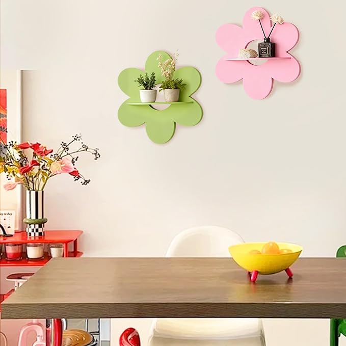 Cute Shelf Pink Floating Shelves, 2Pcs Flower Shaped Green Floating Shelves Display Daisy Decor for Bathroom Livingroom Bedroom Shelves (Pink Green)