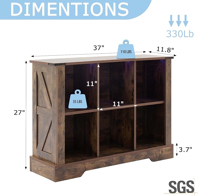 6 Cube Storage Organizer, Wood Cube Bookshelf with LED Lights, Horizontal Storage Cubes, Kids Bookshelf, Display Cabinet Cubby Shelf for Living Room Home Office Bedroom, Brown