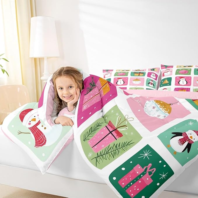 Feelyou Happy New Year Bedding Set Soft for Boys Girls, Christmas Decor Comforter Set Toddler Size Merry Christmas Duvet Quilt Microfiber Winter Penguin Bedroom Decor 2 Pcs with 1 Pillow Cases