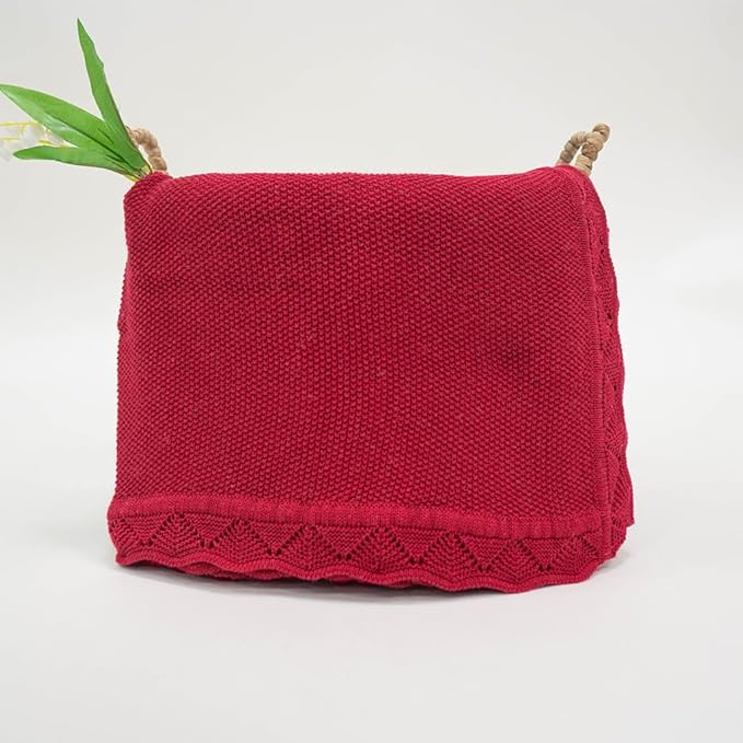 Baby Knit Blanket Soft Breathable Cotton Scallop Border Blankets Newborn Knitted Blanket Swaddle Blankets Gifts for Baby Newborn Toddler Shower Boy Girl New Mom Birthday Christmas Red 28x36
