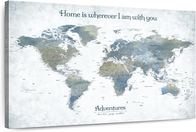 ElephantStock - Home With You II Push Pin World Map Wall Art - Horizontal Canvas Wall Art - Living Room Wall Decor - Digital Art Map Canvas Art - Blue And Gray Decor - 36" x 24"