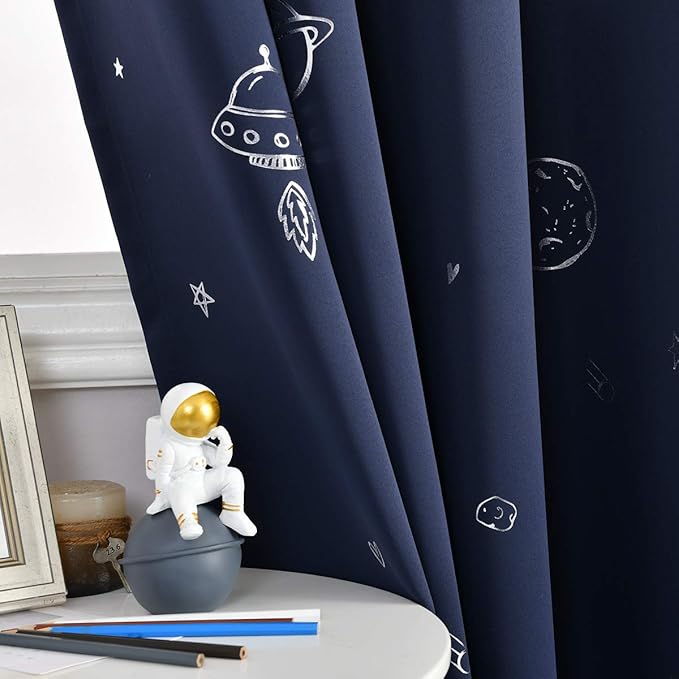Vangao Navy Blue Kids Curtains for Boys Bedroom Space Theme Blackout Curtains for Kids Nursery Girls Room 84 Inches Length Silver Foil Print Drapes Grommet Top Window Treatments Set 2 Panels