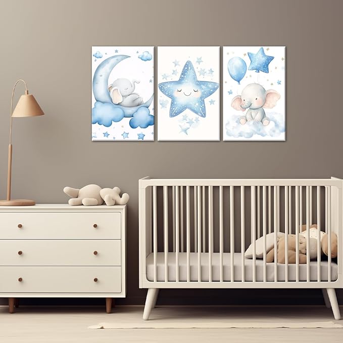 Nursery Wall Art Baby Boy Wall Decor Blue Elephant Moon and Stars Painting Prints Cute Animal Canvas Poster for Kids Room Decor Framed(Baby-2,11L x 14W x 3Pcs)