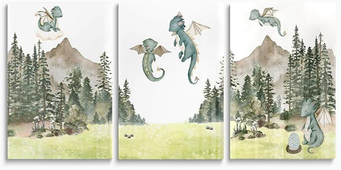 Green Baby Dragon Nursery Wall Decor, Dragon Egg Nursery Print for Baby Boy's Bedroom, Woodland Forest Mountain Wall Art, Nature Animal Art for Kids Room Decor, Framed Set of 3 Canvas, 16"x24"x3
