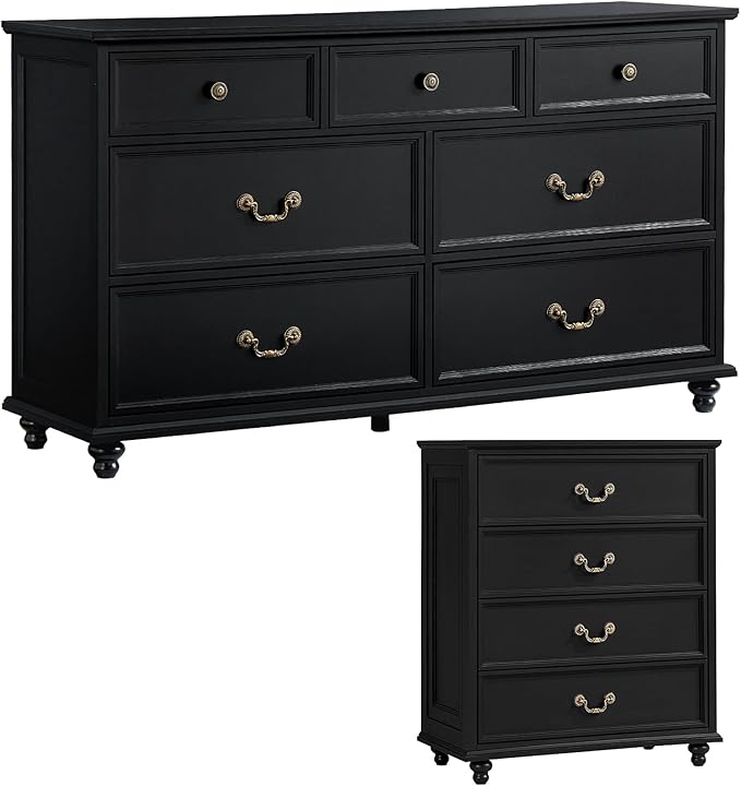 Bedroom Sets, 54" Wide 7 Drawers Dresser and 37" Tall 4 Drawers Dresser, Wooden 2 Piece Bedroom Furniture Set, Chest of Drawer for Bedroom, Home, Living Room, Hallway, Black