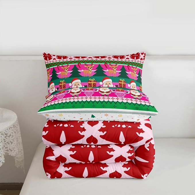 Feelyou Merry Christmas Comforter Set All Season Santa Claus Bedding Set with 1 Pillow Cases Cute Deer Microfiber Kids Toddler Bedclothes Snowflake Bedroom Decor Duvet Quilt Breathable Soft