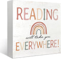 Mtrgdn Reading Conner Decor for Classroom,Boho Rainbow Classroom Reading Nook Desk Decor,Reading Will Take You Everywhere Wood Box Sign for Homeschool Library Bookshelf Nursery Kids Reading Room,5x5 Inch