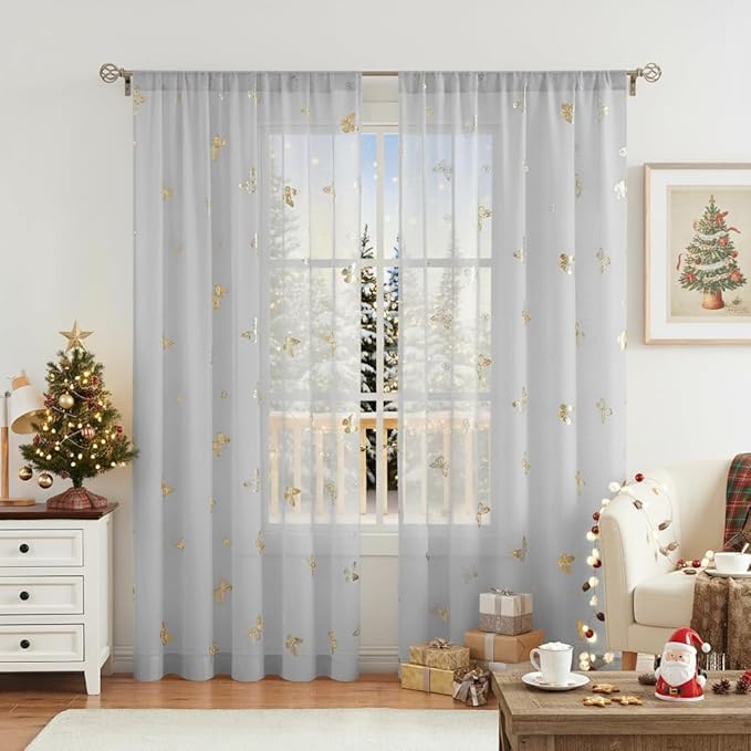 Jubilantex Grey Sheer Curtain with Gold Butterfly Pattern for Kids Room, Linen Textured Rustic Metallic Print 84 Inch Rod Pocket Window Drapes for Girls Bedroom Living Room, 2Panels