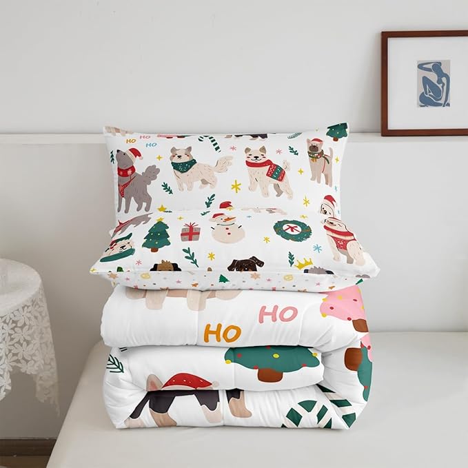 Erosebridal Merry Christmas Quilt King Size Cartoon Dog Comforter Set for Teens Kids Boys Xmas Tree Snowman Bedding Set Cute Pug Puppy Animal Duvet Insert with 2 Pillow Cases