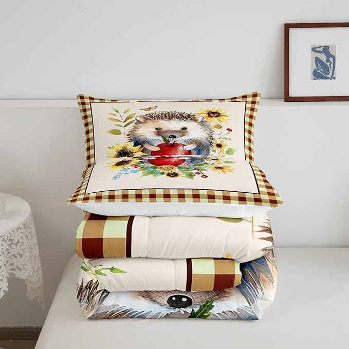 Castle Fairy Autumn Harvest Thanksgiving Bed Comforter Set Queen Size,Cartoon Hedgehog Super Soft Microfiber Bedding Set for Adults Teens,Fall Sunflower Leaves Comforter Set,2 Pillowcases