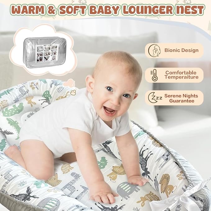JIFTOK Baby Nests Lounger for Newborn, Snuggle Sleeping Bassinet for 0-24M, Breathable Portable Co Sleeping Bed, Baby Essentials Adjustable Infant Soft Cotton Loungers for Home & Travel -Zoo