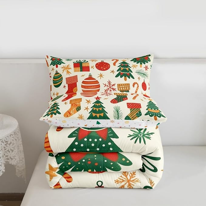 Feelyou Christmas Comforter Set All Season Xmas Tree Bedding Set with 2 Pillow Cases New Year Gift Microfiber Kids King Bedclothes Christmas Stockings Bedroom Decor Duvet Quilt Breathable Soft