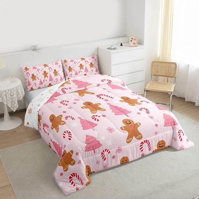 Feelyou Cute Gingerbread Man Comforter Set All Season Pink Christmas Tree Bedding Set with 2 Pillow Cases Candy Cane Kids King Snowflake Room Decor Christmas Duvet Quilt Breathable Soft Lightweight