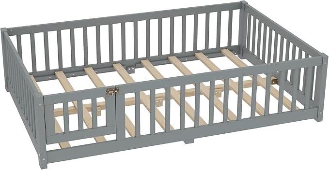 Bellemave Full Size Floor Bed Frame with Fence and Door for Kids, Montessori Floor Bed with Slats and Safety Guardrails,Solid Wood Full Bed Frame for Girls Boys,Grey