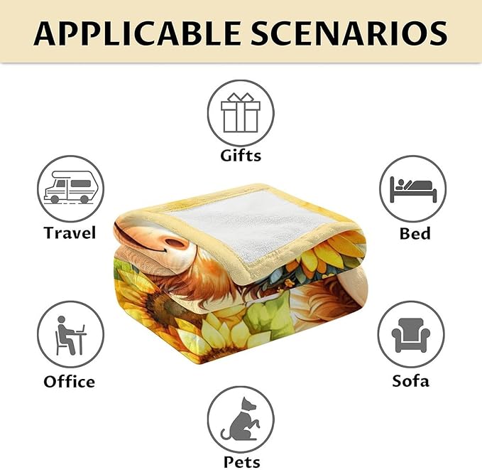 Highland Cow Blanket for Adults - 60" x 80" Inches Cute Throw Blanket for Women, Men - Yellow Warm Cozy Blankets for Sofa, Bed & Living Room