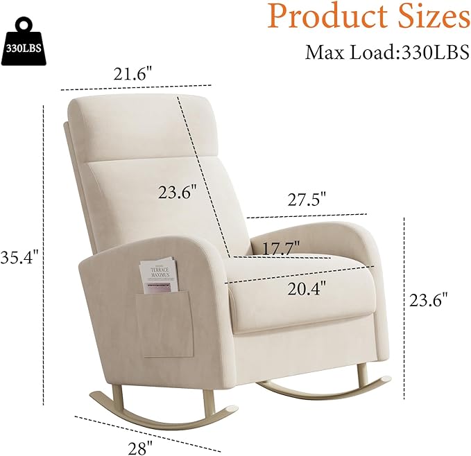 Rocking Chair Nursery, Upholstered Glider Chair with Side Pocket, Modern Nursery Chair with High Backrest and Rubber Metail Legs, Accent Armchair for Living Room Bedroom Indoor (Beige Velvet)