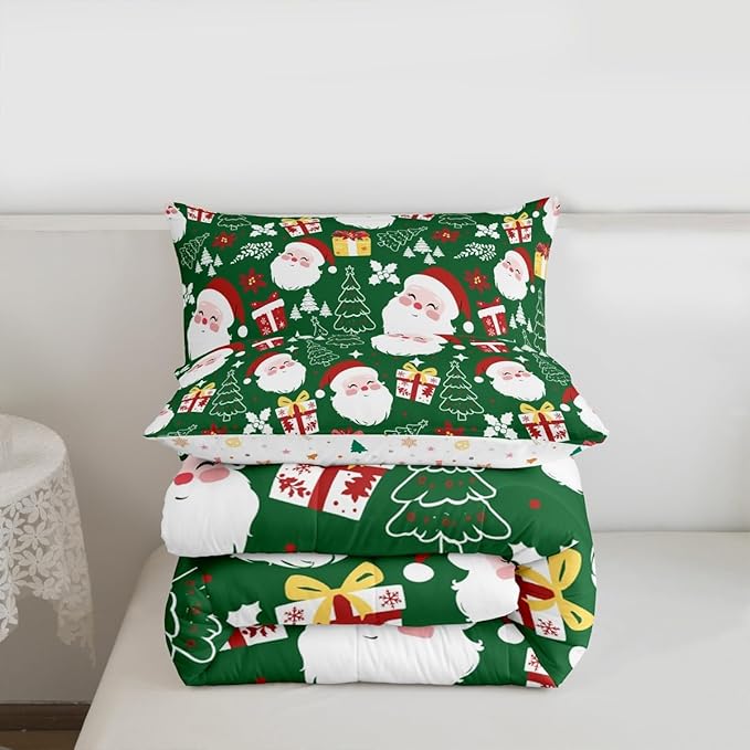 jejeloiu Santa Claus Comforter Set King Size Merry Christmas Bedding Set for Kids Boys Girls Xmas Themed Duvet Quilt Green Bedroom Decor