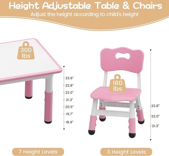 GAOMON Kids Table and 6 Chair Set with Storage Box, Height Adjustable Toddler Table and Chairs Set for Ages 2-10, Graffiti Desktop, Non-Slip Legs, Children Activity Table for Daycare Classroom Home
