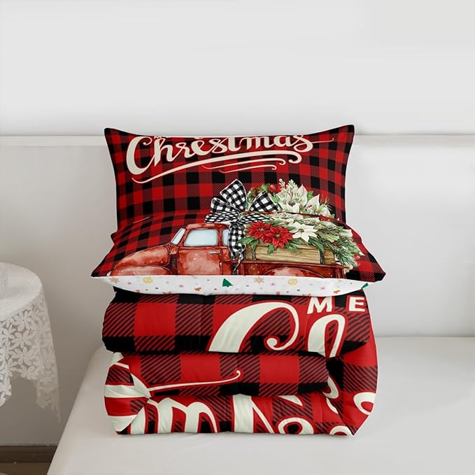 Kids Christmas Truck Comforter Set Full Size,Floral Leaves Romantic Bedding,Girls Boys Adults Bedroom/Xmas Cabin Decor,Geometric Plaid Retro Down Comforter,Rustic Farm Duvet Insert,2 Pillowcases