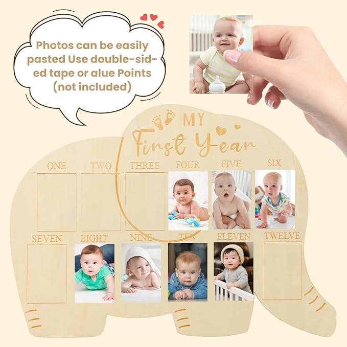 My First Year Picture Frame, Baby’s First Year Photo Display Wood Board 12 Months Milestone Board Birthday Baby Keepsake Nursery Decor Gift for Boy Girl(SIZE:Elephant)