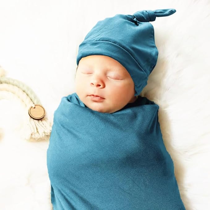 Newborn Swaddle Blanket with Hat Set Baby Swaddle Set Hospital Receiving Blankets for Girls Boys(Teal)