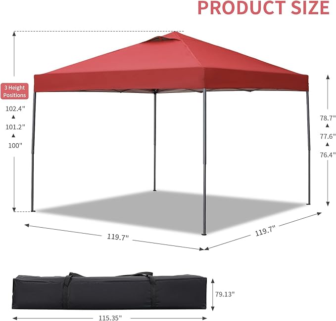 GDY 10x10 Pop Up Canopy Tent, Easy Set up Outdoor Silver Coated Beach Gazebos, Carpas for Pool, Events, Parties, and Camping, Red
