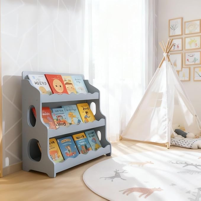 Kids Bookshelf Wooden Montessori Book Shelf Dutch Design 3Tier Scalloped,TranquilGrey