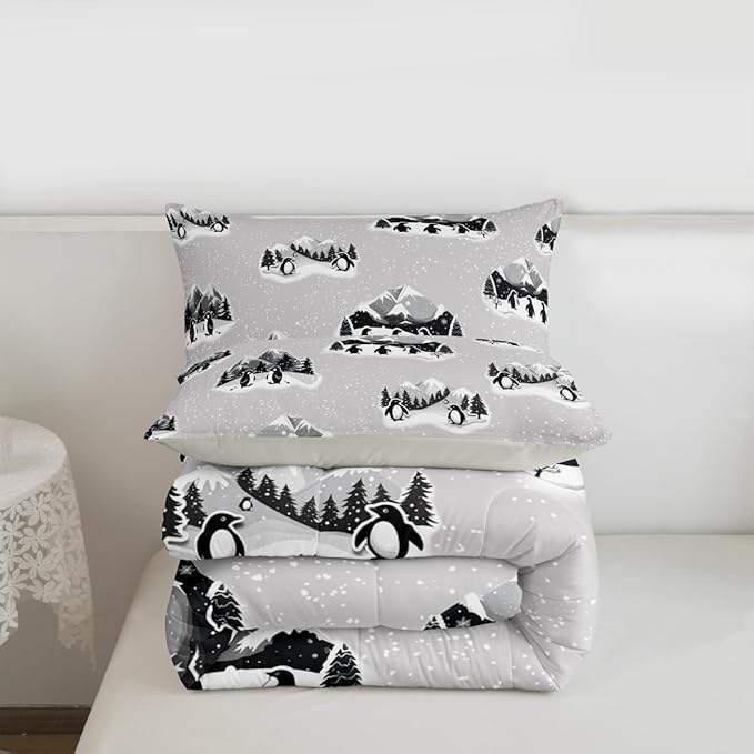 Feelyou Christmas Kids Comforter Set Full Size Polar Penguin Bedding Set Snowflake Duvet Quilt for Kids Boys Girls Bedroom Winter Decor Microfiber Ultra Soft Breathable