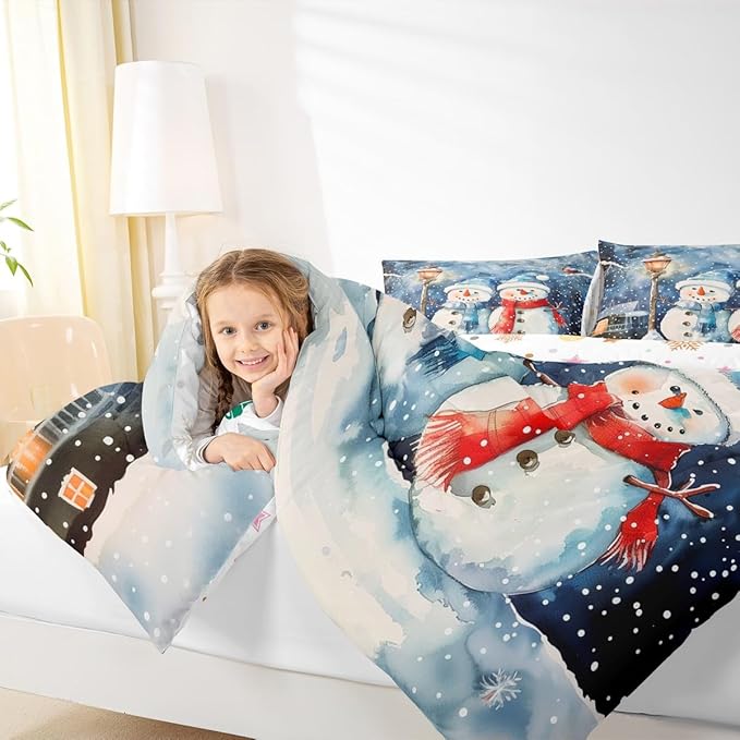 Feelyou Christmas Kids Comforter Set King Size Blue Watercolor Snowman Bedding Set Xmas Winter Duvet Quilt for Kids Boys Girls Bedroom Snowflake Decor Microfiber Ultra Soft Breathable