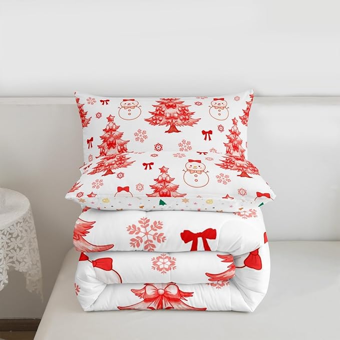 Feelyou Merry Christmas Comforter Set Queen Size Cute Snowman Bedding Set for Kids Boys Girls Cartoon Bowknot Duvet Quilt Christmas Tree Microfiber 3 Pcs with 2 Pillow Cases