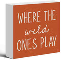 Where The Wild Ones Play Orange Wood Box Sign Desk Decor 5X5, Nursery Kids Room Wooden Block Sign Decorations for Playroom Toddler Boys Girls Room Wall Tabletop Shelf Decor