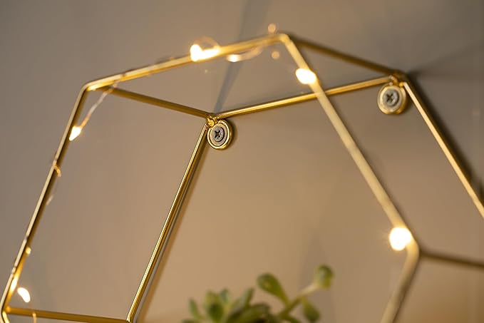 Large Size Golden Hexagon Shape Floating Shelves with LED Lights Wall Decor,Gold Metal Wire and Wood Base Wall Mounted Shelf Decorations for Home Bedroom Living Room - Set of 3