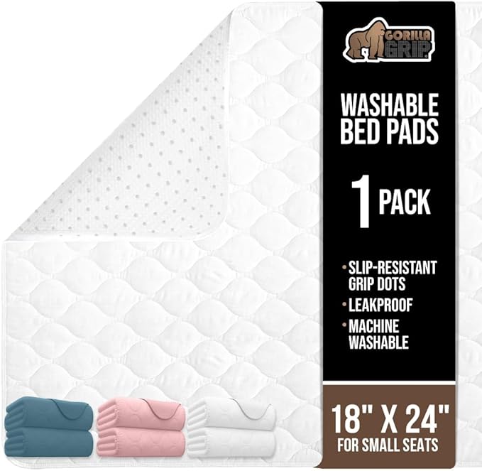GORILLA GRIP Washable Underpads, Waterproof Reusable Heavy Absorbency Incontinence Bed Pads, Leak Proof Toddler Mattress Pad, 18x24 Slip Resistant Protector for Bedwetting, Adults and Kids, White