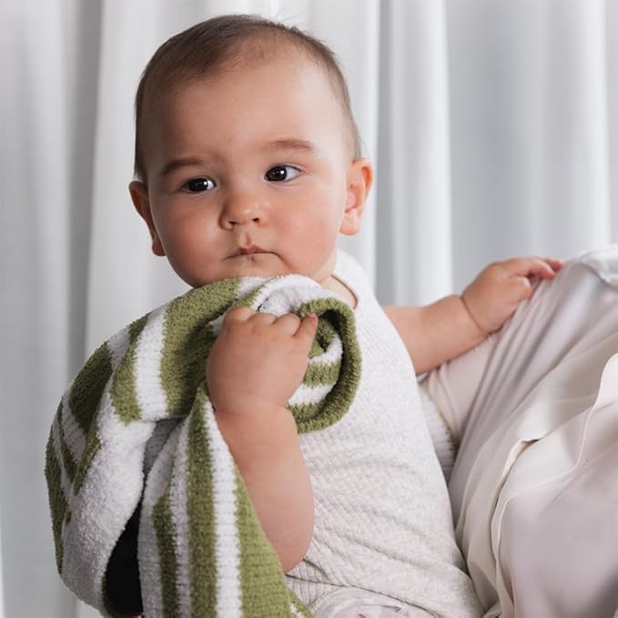 Living Textiles Chenille Knitted Blanket - Sage Stripes