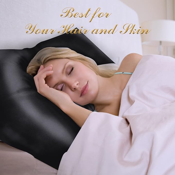 100% Mulberry Silk Pillowcase 2 Pack for Hair and Skin,with Hidden Zipper,Both Sides 22 Momme Natural Silk Pillow Cover,Soft Breathable & Smooth (Black, Queen)