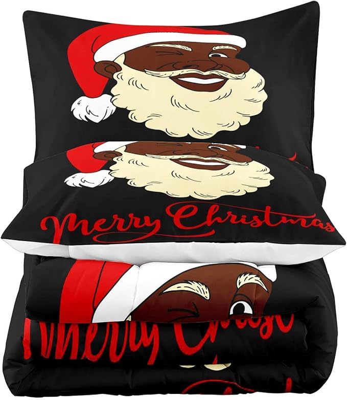 LUVIVIHOME 3PCS Christmas Comforter Set King Size, Funny African American Black Santa Claus Bedding, Winter Xmas Merry Christmas Bedroom Decor for Kids Boys Girls Teens, Xmas Gifts, 2 Pillow Shams