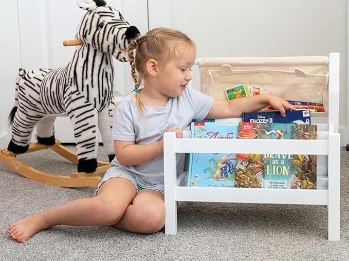 Spirich Montessori Kids Bookshelf, Floor Book Shelf for Kids Rooms, Toddler Book Caddy with Clear Pouch,Baby Book Display, Children Bookcase for Classroom Nursery, White