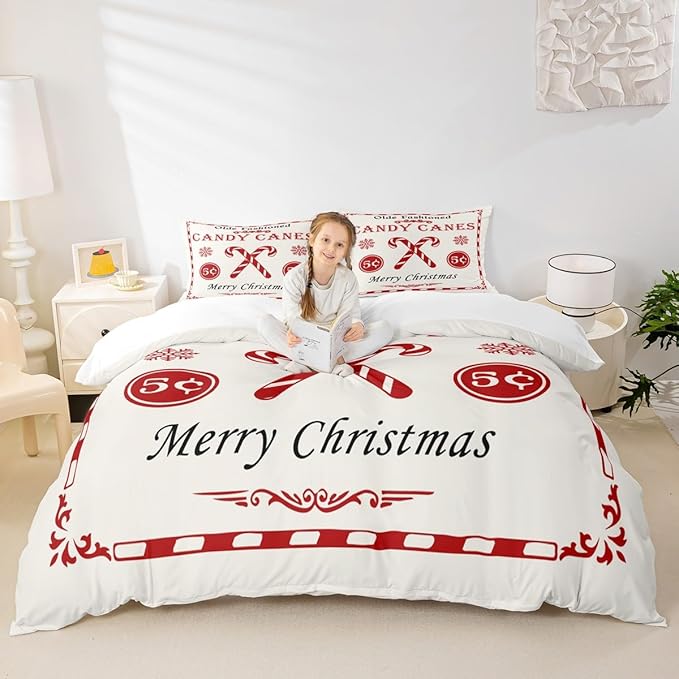jejeloiu Christmas Bedding Set for Kids Boys Girls Christmas Quote Comforter Cover Set Full Size Candy Canes Print Duvet Cover Bedroom Decor Xmas White Bedspread Cover Bedding Collection 3Pcs