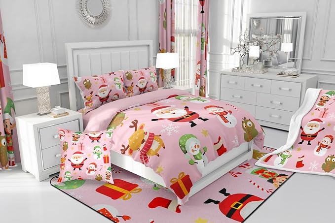 Erosebridal Merry Christmas Bedding Set for Kids Santa Claus Quilts Cute Cartoon Snowman Comforter Set Full Size with 2 Pillow Cases Xmas Snowflake Duvet Insert,Pink
