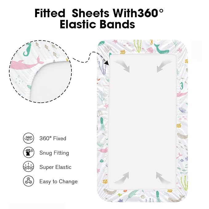 Bimocosy Mini Crib Sheets,Pack and Play Sheets for Baby Girl Boy 4 Pack,Size 38"x 26" for Playard Mattress,Portable Mini Crib,Soft Pack N Play Sheets Fitted,Ocean World/Shell/Blue/Green