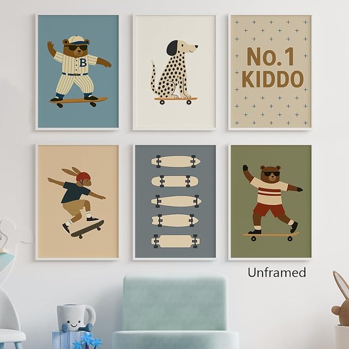 Skateboard Canvas Wall Art, Nursery Animal Sports Posters, Fashion Sunglasses Bear Athletes Pictures, No.1 Kiddo Inspirational Quote Print, Funny Skateboard Rabbit Dog Painting 12x16in Wrapped Canvas