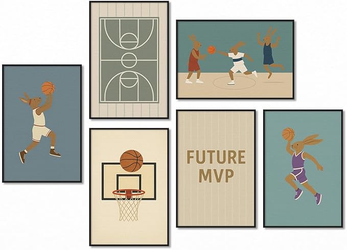 Basketball Canvas Wall Art, Nursery Animal Sports Posters, Bunny Rabbit Athletes Pictures, Positive Quote Print, Kids Bedroom Basketball Court & Hoop Decor 12x16in Unframed